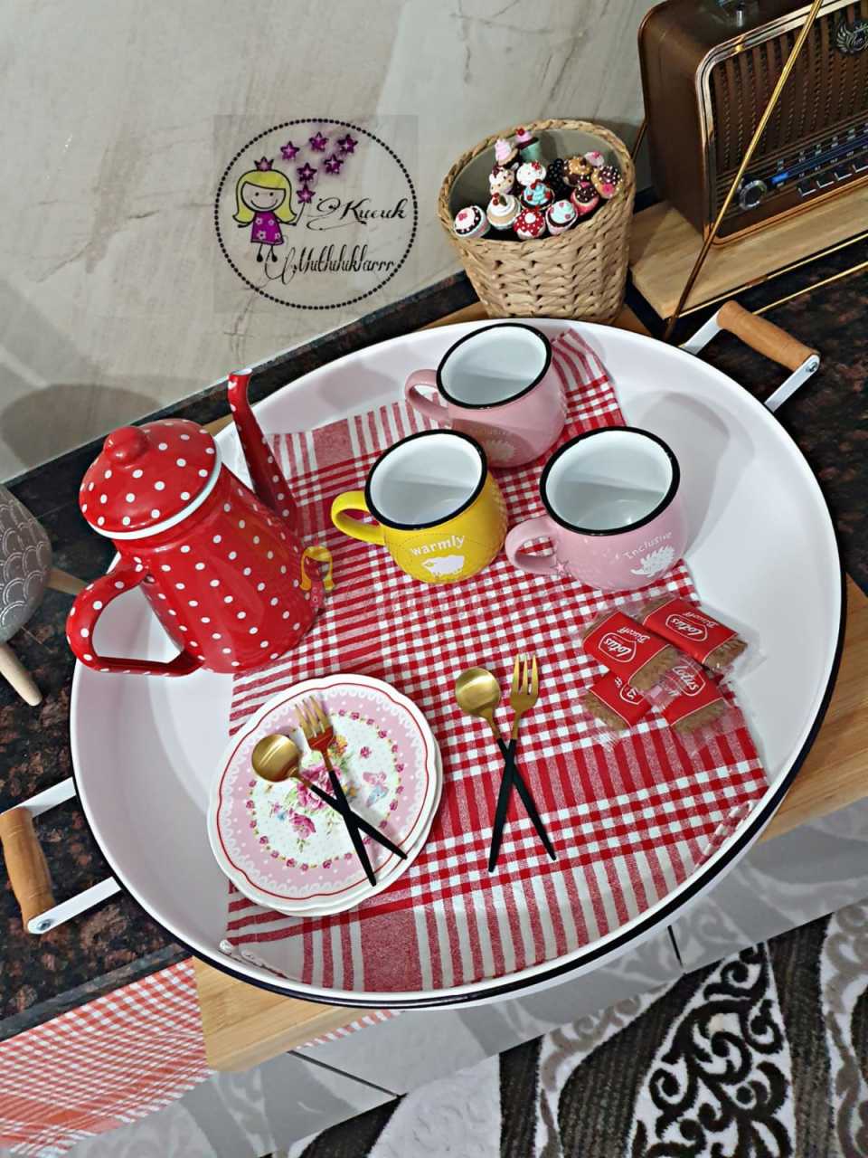 Ahşap Kulplu Country Tarzı Büyük Boy Beyaz Tepsi 51CM