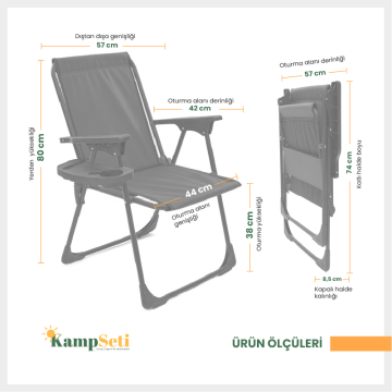 Kampseti Katlanır Kamp Sandalyesi - Siyah Piknik Sandalyesi Bardaklıklı-M1