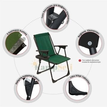 Kampseti 2 Adet Yeşil Katlanır Kamp Sandalyesi - Plaj Piknik Sandalyesi Bardaklıklı M1