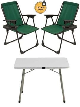 Kampseti 2 Adet Yeşil Katlanır Kamp Sandalye ve Masa Seti-Taşınabilir Piknik Bahçe Sandalyesi-Masası