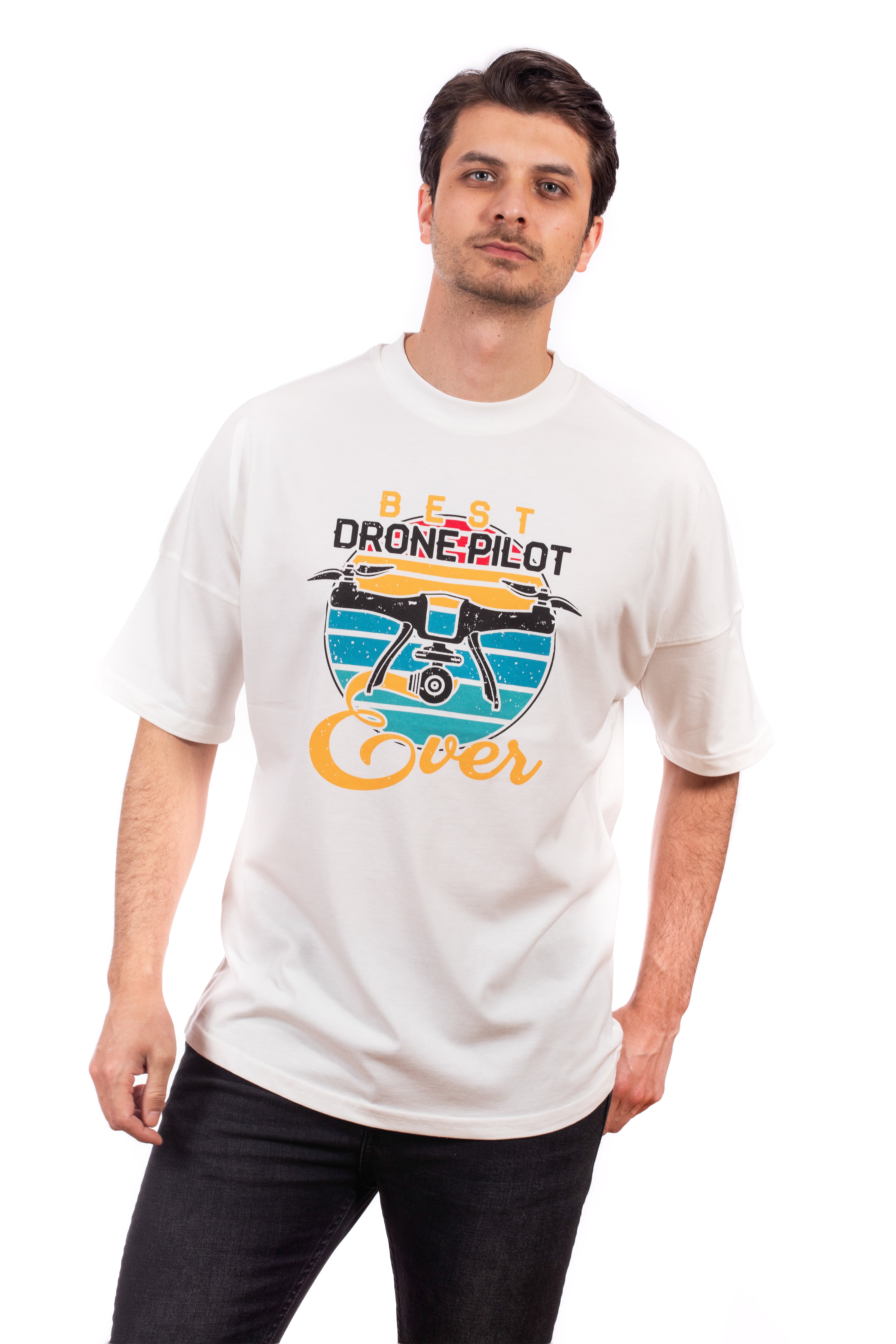 Ekru-Oversize Unisex Tişört-Drone Pilot Baskılı