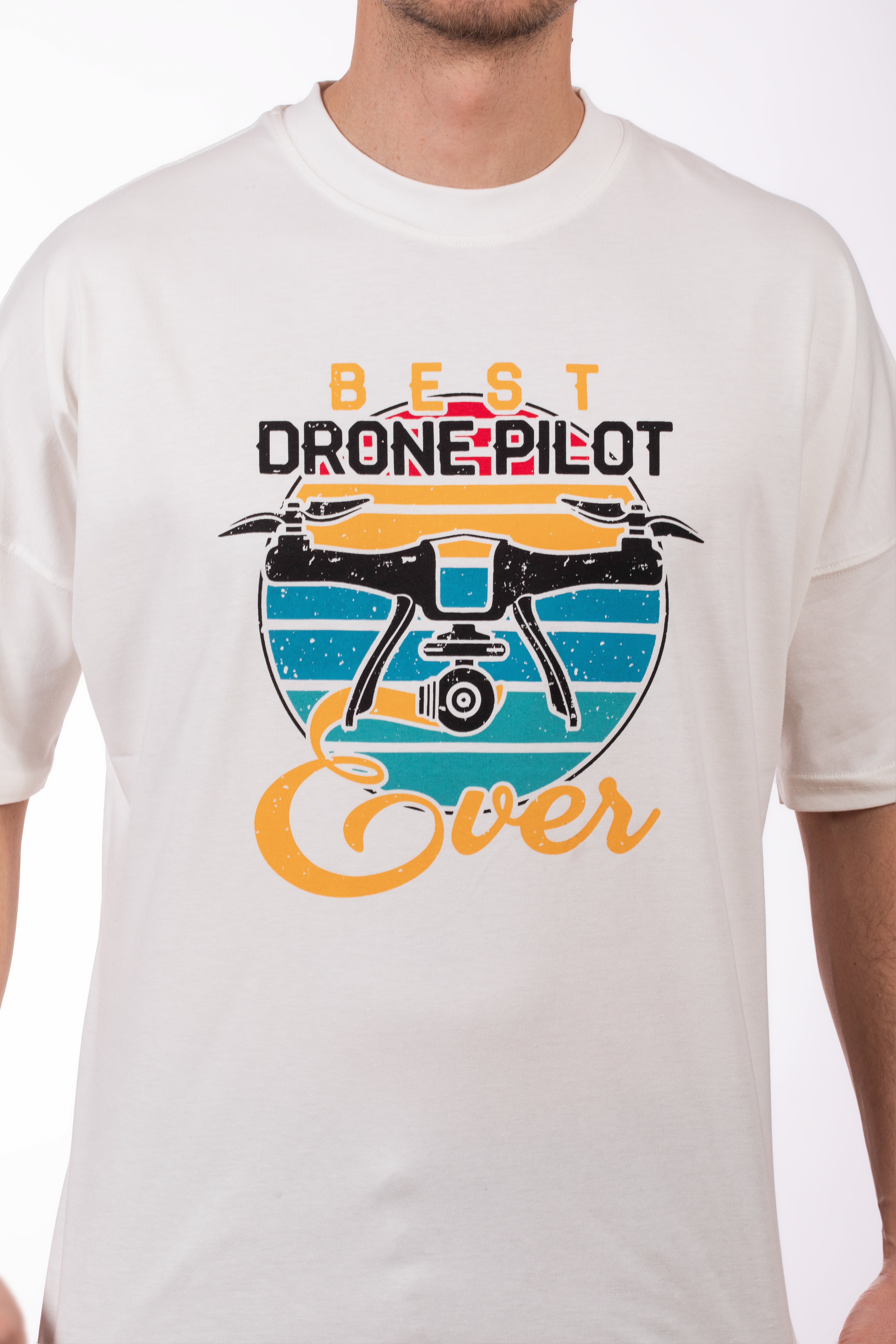 Ekru-Oversize Unisex Tişört-Drone Pilot Baskılı