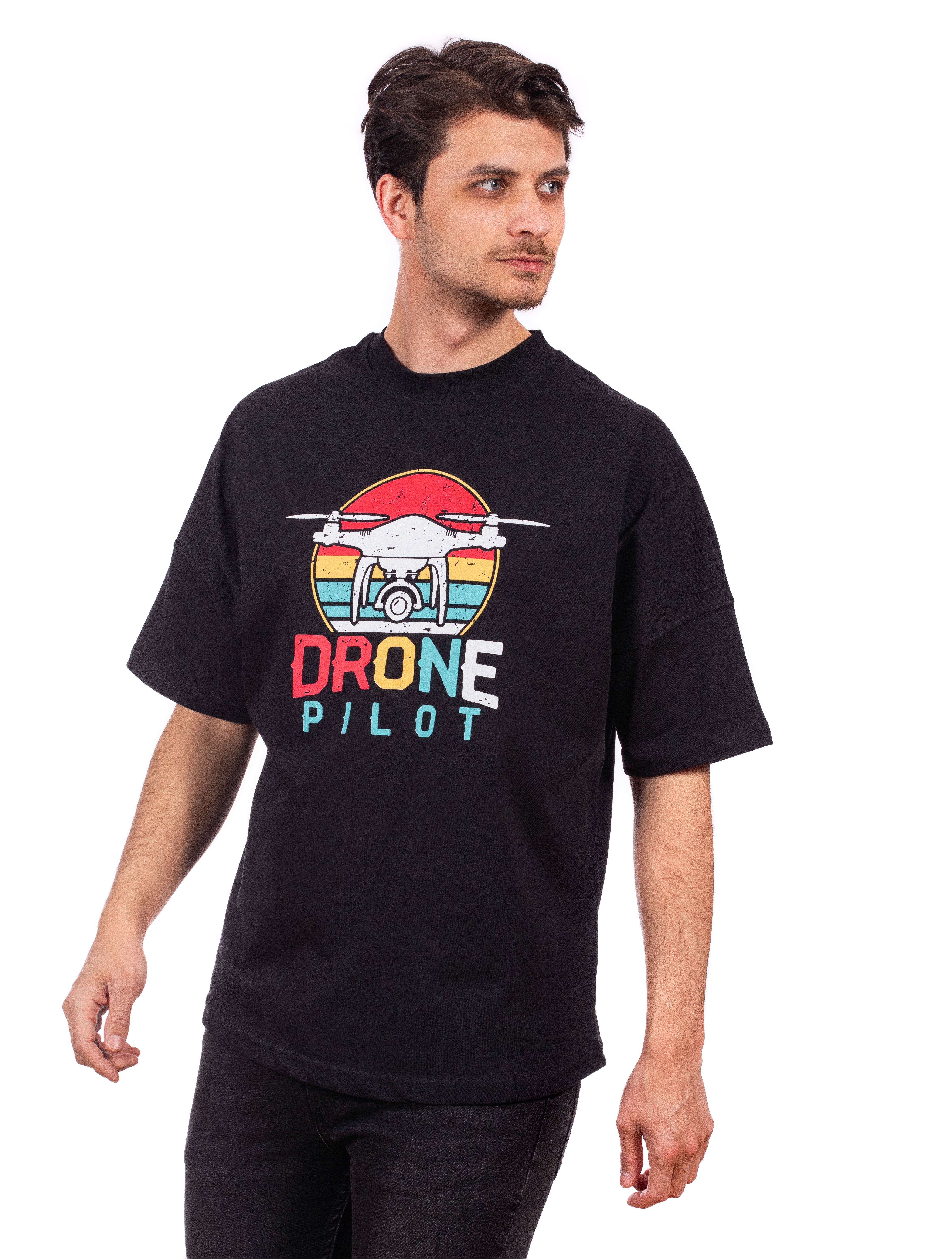 Siyah-Oversize Unisex Tişört-Drone Pilot Baskılı