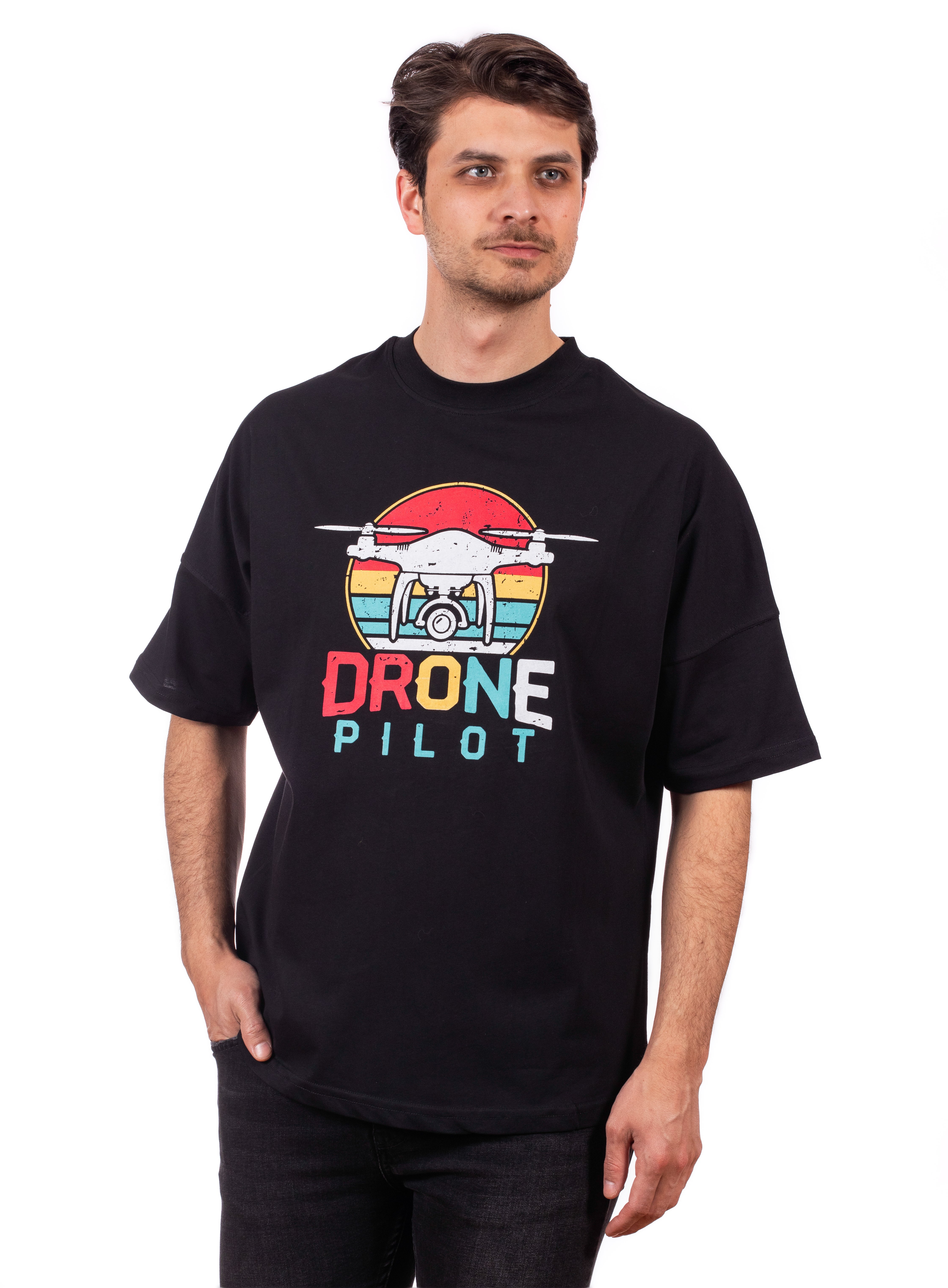 Siyah-Oversize Unisex Tişört-Drone Pilot Baskılı