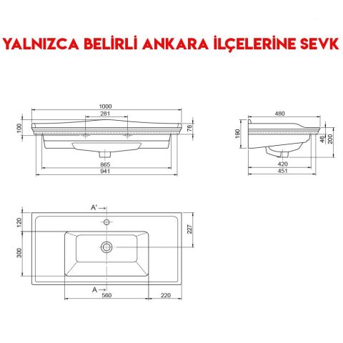 Turkuaz Kapadokya 100x48 cm Etajerli Lavabo