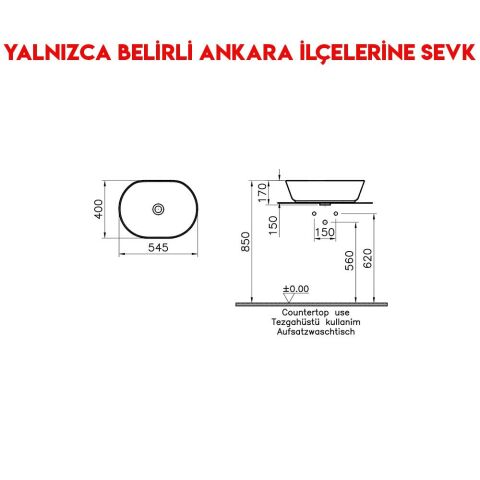 Vitra Geo 55 cm Armatür Su Taşma Deliksiz Oval Çanak Lavabo