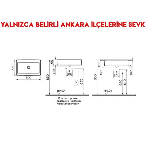 Vitra Nuo 60 cm Batarya Deliksiz Taşmasız Diktörgen Çanak Lavabo