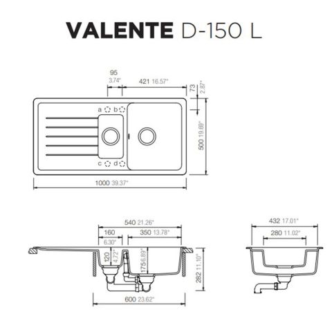 Ukinox Valente D-150 L 1.5 Göz Siyah Granit Eviye