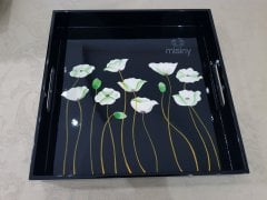 Misiny-Çiçek Desenli Ahşap Cilalı Tepsi