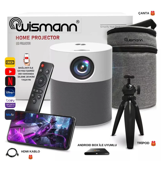 Wismann Full Hd Projektör 1080P Ios & Android Telefon Destekli LED Projeksiyon