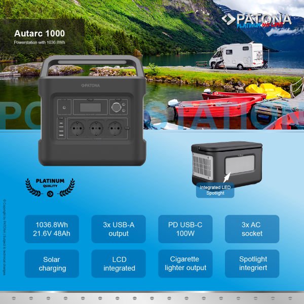 PATONA 9989 Platinum Taşınabilir Güç İstasyonu 1000Wh 1000W/230V USB5V/2.4A DC12V/10A