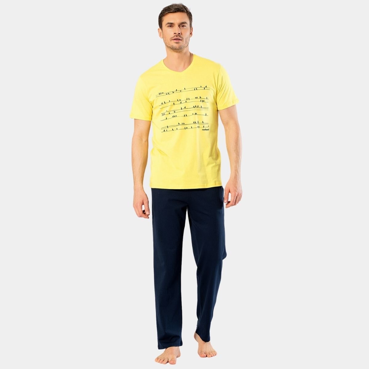 Cacharel Erkek Baskılı V Yaka Pantolon Pijama Takım