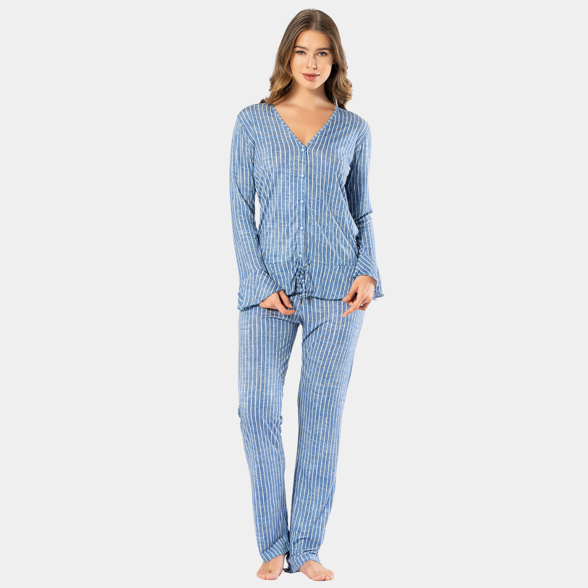 Türen Kadın Çizgili Uzun Kollu V Yaka Düğmeli Pijama Takım