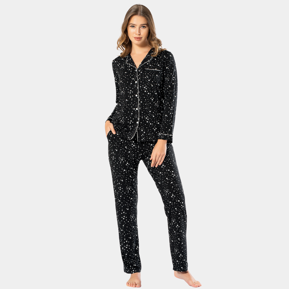Türen Kadın Yıldızlı Uzun Kollu Gömlek Yaka Pijama Takım