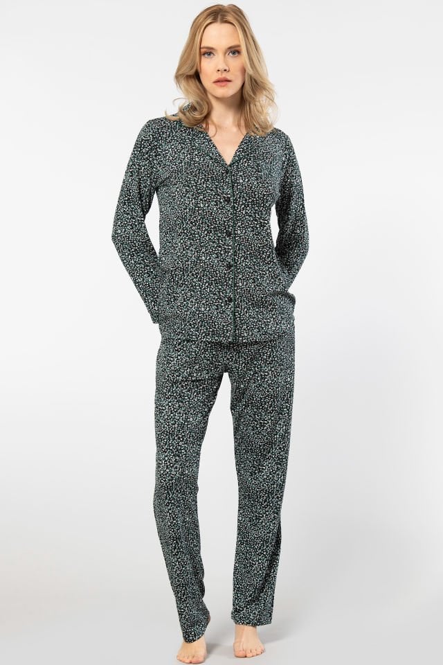 Türen Çiçek Desenli Uzun Kollu Gömlek Yaka Pijama Takımı