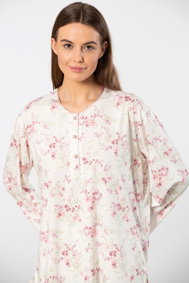 Türen Çiçek Desenli Patlı Battal Uzun Kollu Pijama Takımı