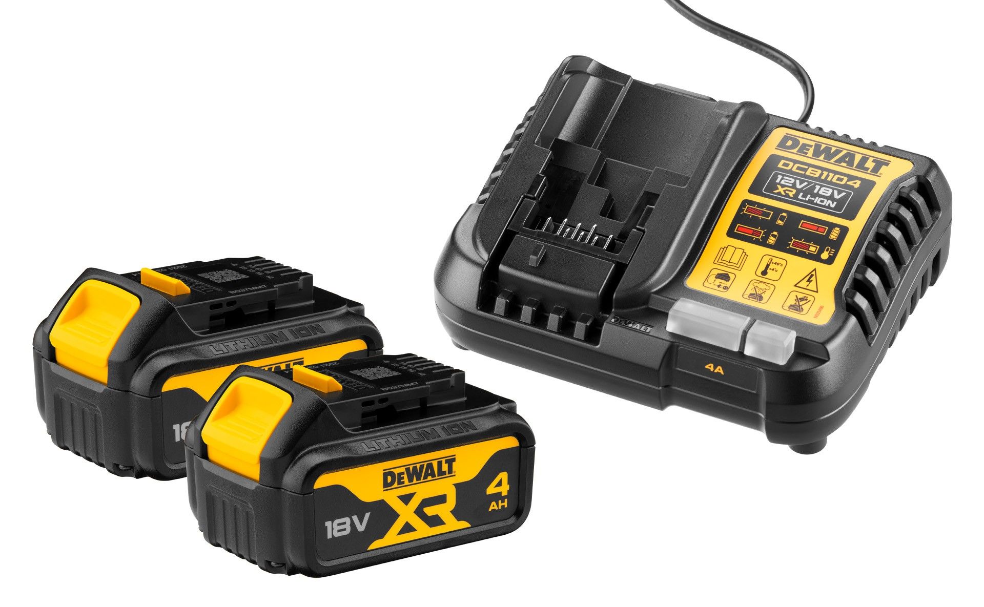 Dewalt 4,0 Ah Şarj Seti DCB1104 18V Lı-Ion Akü Şarj Cihazı+DCB182-XJ 18 Volt / 4,0 Ah Li-Ion 2 Adet Akü