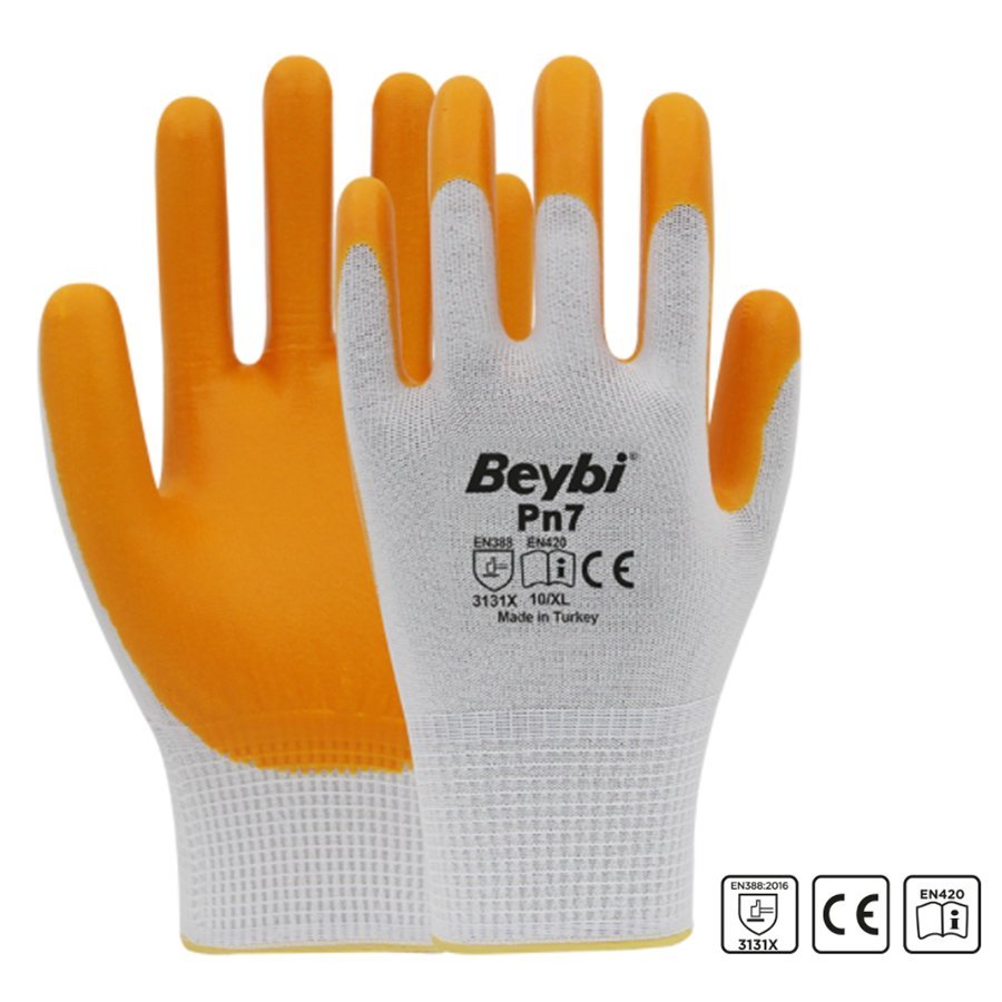 Beybi PN7 Sarı Beyaz Polyester Örme Nitril Eldiven