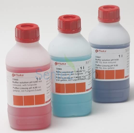 Fluka 33665 Buffer Solution  pH 4  Red Colored, Citric Acid / Sodium Hydroxide / Sodium Chloride Solution, With Fungicide  1 L