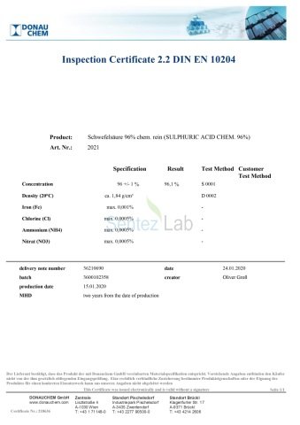 Donau Chem Sülfürik Asit 96% CAS 7664-93-9 (Avusturya Menşei) 10 Litre (18,4 kg)