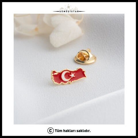 14 Ayar Altın Kaplama Ahşap Kutulu Türk Bayrağı Yaka Rozeti