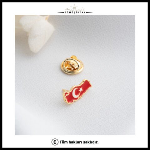 14 Ayar Altın Kaplama Ahşap Kutulu Türk Bayrağı Yaka Rozeti