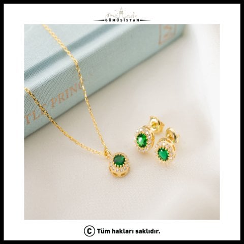 925 Ayar Gümüş Mayıs Ayı Doğum Taşı ( Emerald ) Kolye - Küpe Seti