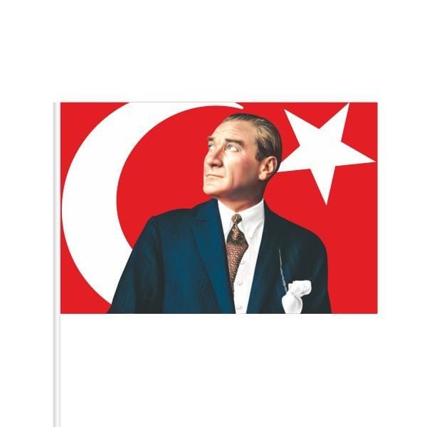 Atatürklü Türk bayrağı 30x45 cm Raşel Kumaş - Sopalı- 10 adet Model 1