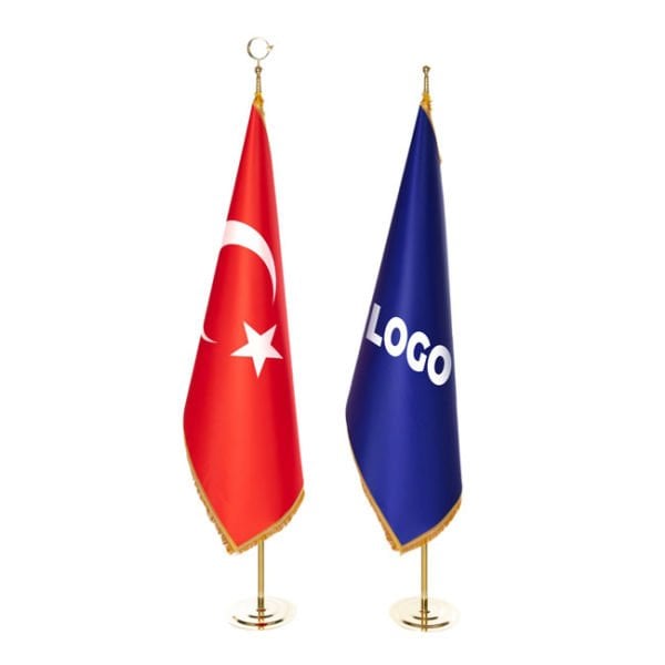 Türk Makam Bayrağı ve Logolu Makam Bayrağı + Sarı Direk (Simli)