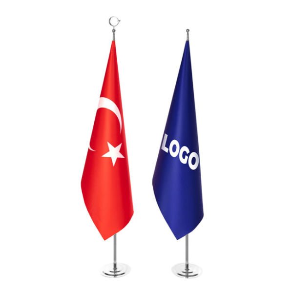 Türk Makam Bayrağı ve Logolu Makam Bayrağı + Krom Direk