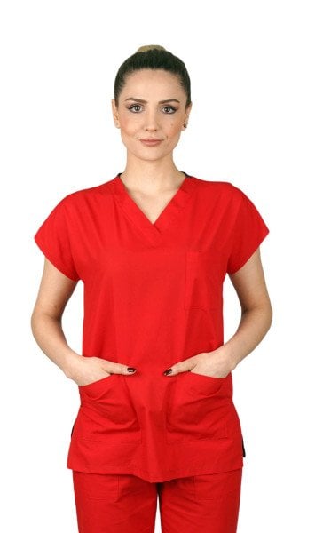 Dr Greys Modeli Cerrahi Forma Bayan Takım Terikoton Kumaş Kırmızı