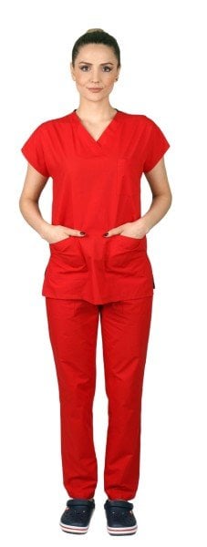 Dr Greys Modeli Cerrahi Forma Bayan Takım Terikoton Kumaş Kırmızı
