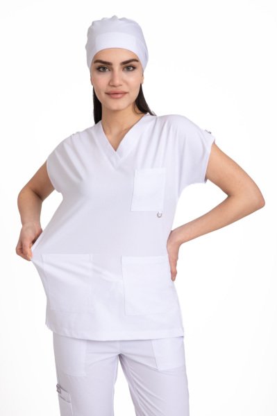 Dr Elastik Likralı Pamuklu Kadın Cerrahi Scrubs Beyaz