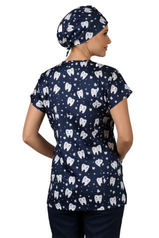 Cerrahi Forma Üst Lacivert Diş Desenli İnce Kumaş-Kadın