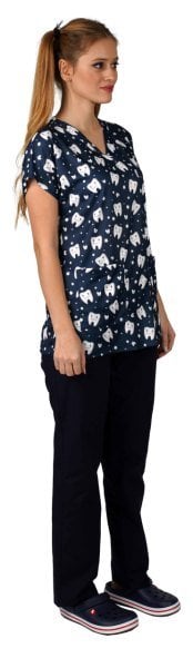 Cerrahi Forma Üst Lacivert Diş Desenli İnce Kumaş-Kadın