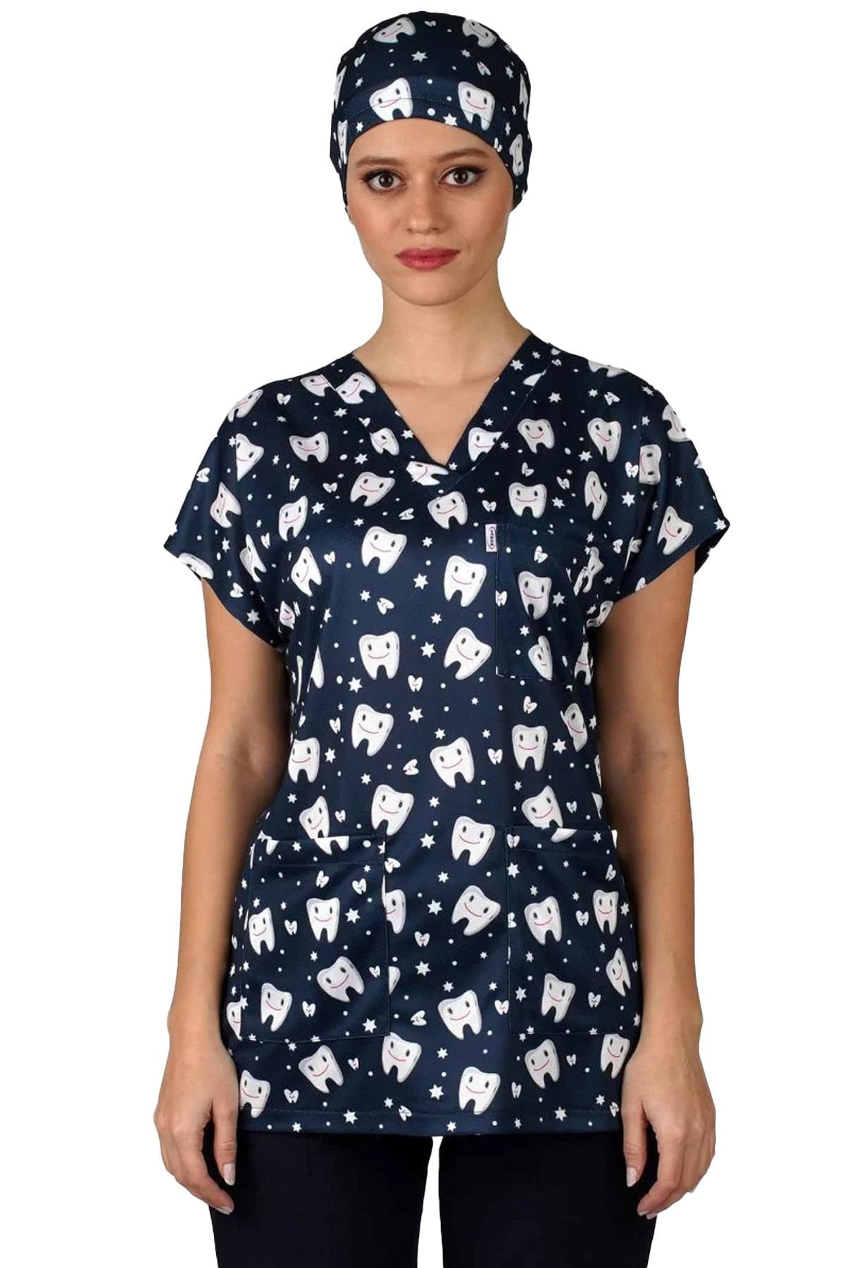 Cerrahi Forma Üst Lacivert Diş Desenli İnce Kumaş-Kadın