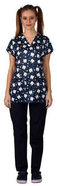 Cerrahi Forma Üst Lacivert Diş Desenli İnce Kumaş-Kadın