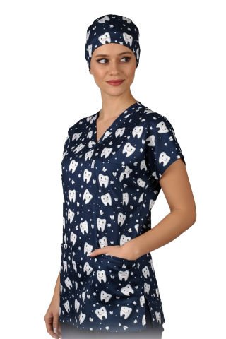 Cerrahi Forma Üst Lacivert Diş Desenli İnce Kumaş-Kadın