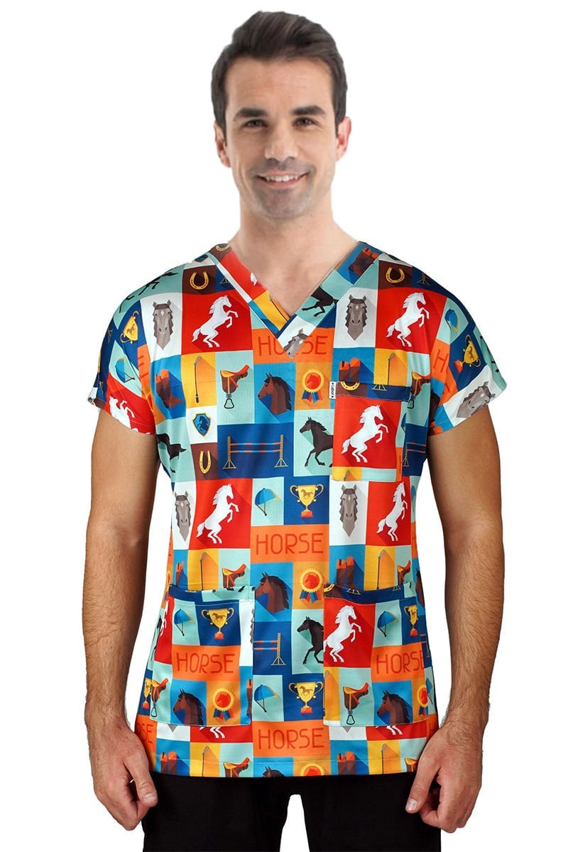 Cerrahi Üst Forma Erkek | Şampiyon Atlar Desenli | Veteriner Hekim | LABOR Dry Touch Kumaş