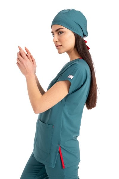 Dr. Elastik Likralı Kadın Cerrahi Scrubs Takımı Petrol Yeşili