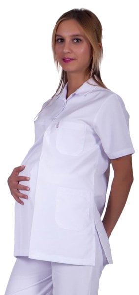 Hamile Hemşire Forması Tek Üst Beyaz Alpaka Kumaş Lakos Yaka HML-01