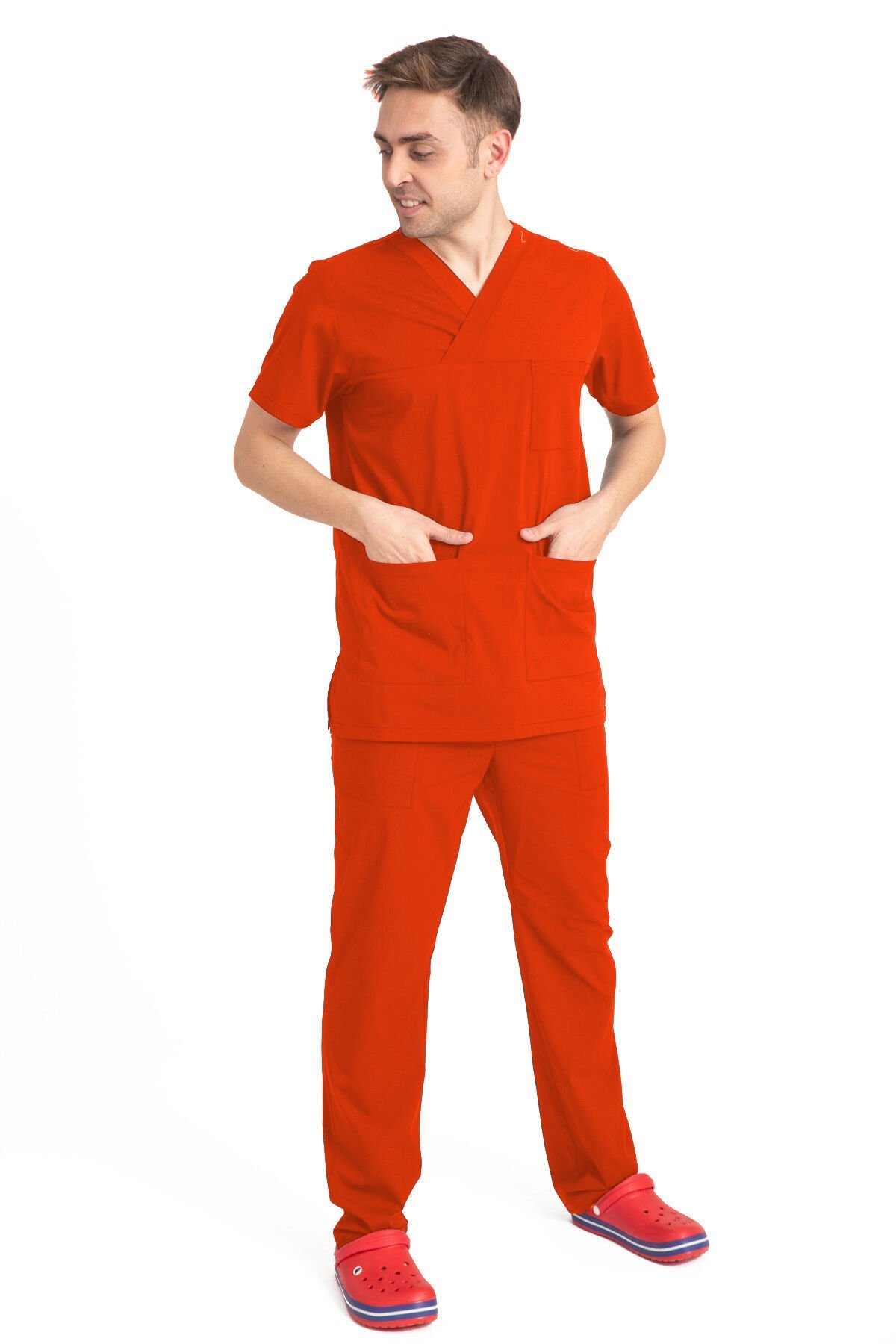 V Cerrahi Yaka Takım Terikoton Kumaş Erkek Kırmızı