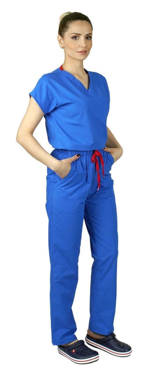Dr.Greys Modeli Cerrahi Forma Bayan Takım Terikoton Kumaş Parlement Mavi