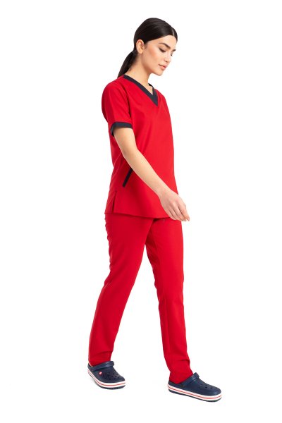 Özel Tasarım Cerrahi Forma Kırmızı Likralı Pamuklu Kumaş Kadın Ft