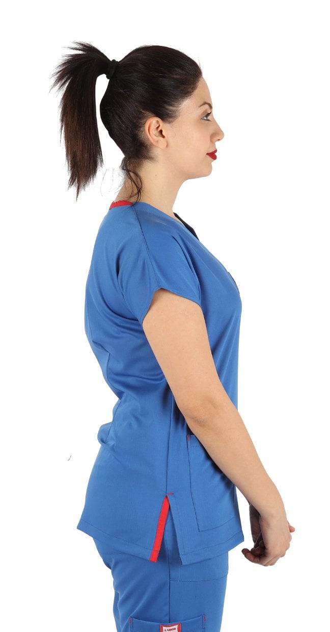 Orjinal Likralı Dr Greys Modeli Cerrahi Takım Kadın Yarasa Kol P. Mavi