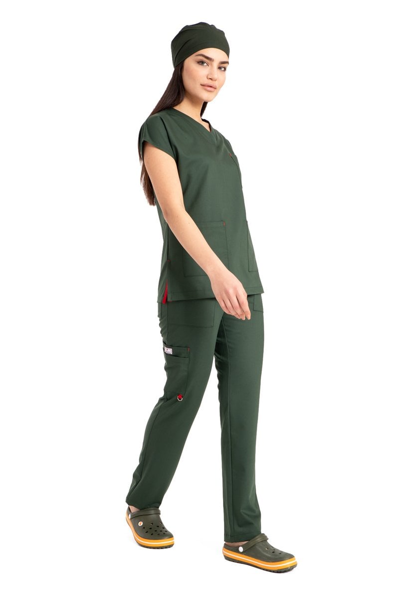 Dr. Elastik Likralı Kadın Cerrahi Scrubs Takımı Haki Yeşil