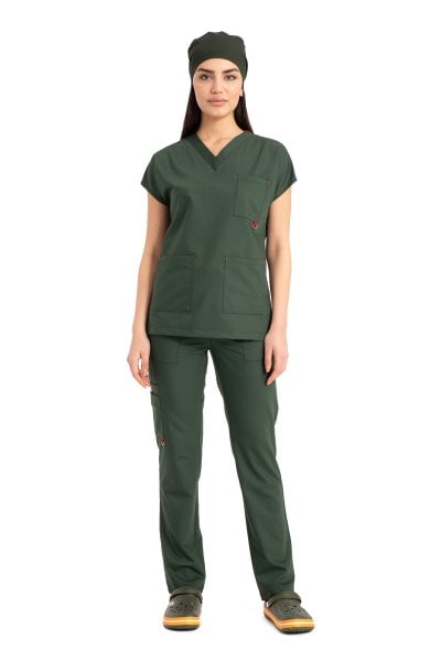Dr. Elastik Likralı Kadın Cerrahi Scrubs Takımı Haki Yeşil