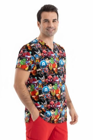 DRY TOUCH Kumaş | Süper Kahraman Desenli | Erkek Scrubs Tek Üst | Greys Model