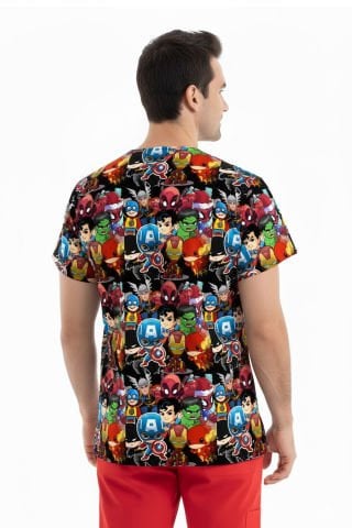 DRY TOUCH Kumaş | Süper Kahraman Desenli | Erkek Scrubs Tek Üst | Greys Model