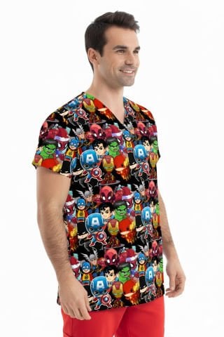 DRY TOUCH Kumaş | Süper Kahraman Desenli | Erkek Scrubs Tek Üst | Greys Model